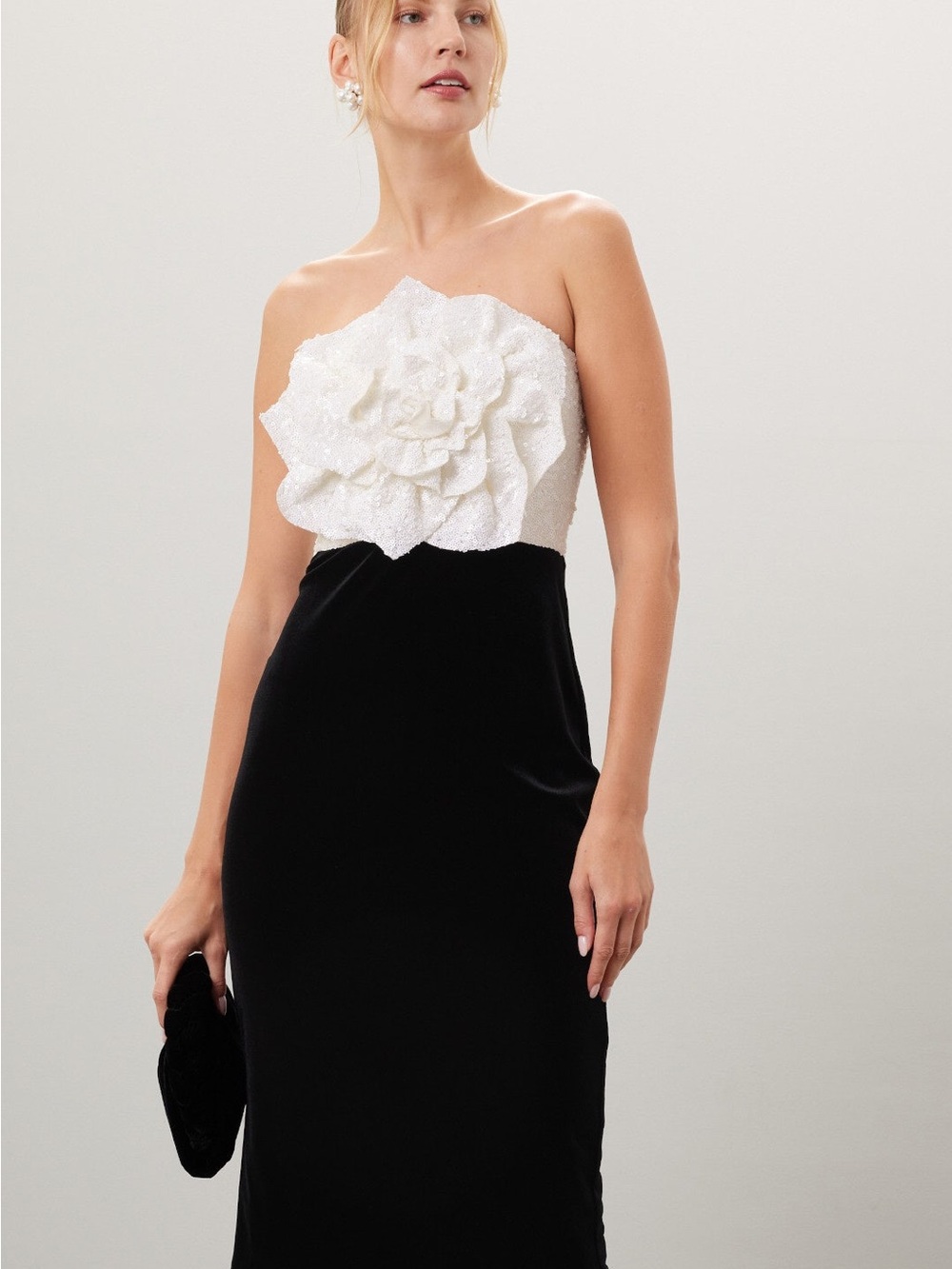 Badgley Mischka Black Strapless Gown with White Floral Appliqué Bodice